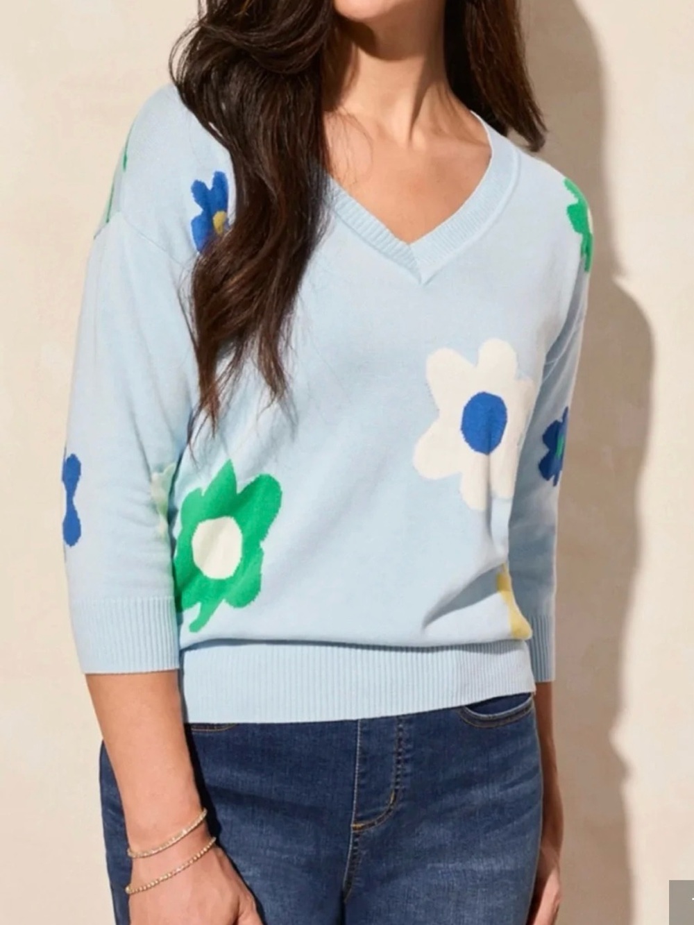 Light Blue V‑Neck Sweater with Green, White & Navy Floral Accents